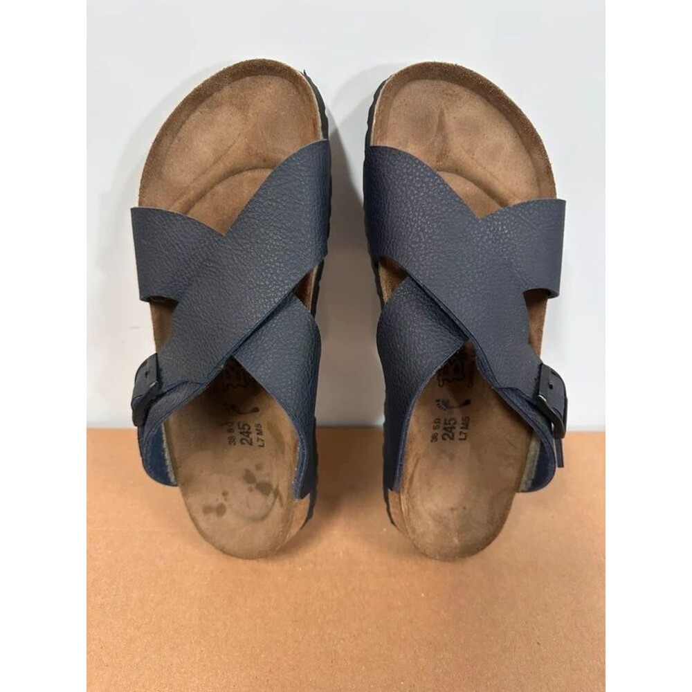 Birkenstock Birki’s sz 38/7 Navy Blue Leather Crossover Sandals Slip On, Buckle